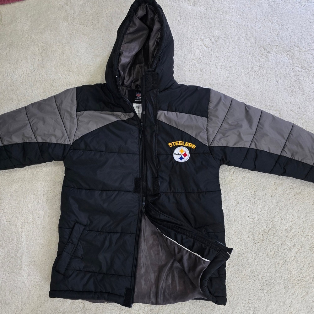 Pittsburgh‎ Steelers Reebok Hooded Puffer Jacket Youth L 14/16 Black Gray NFL